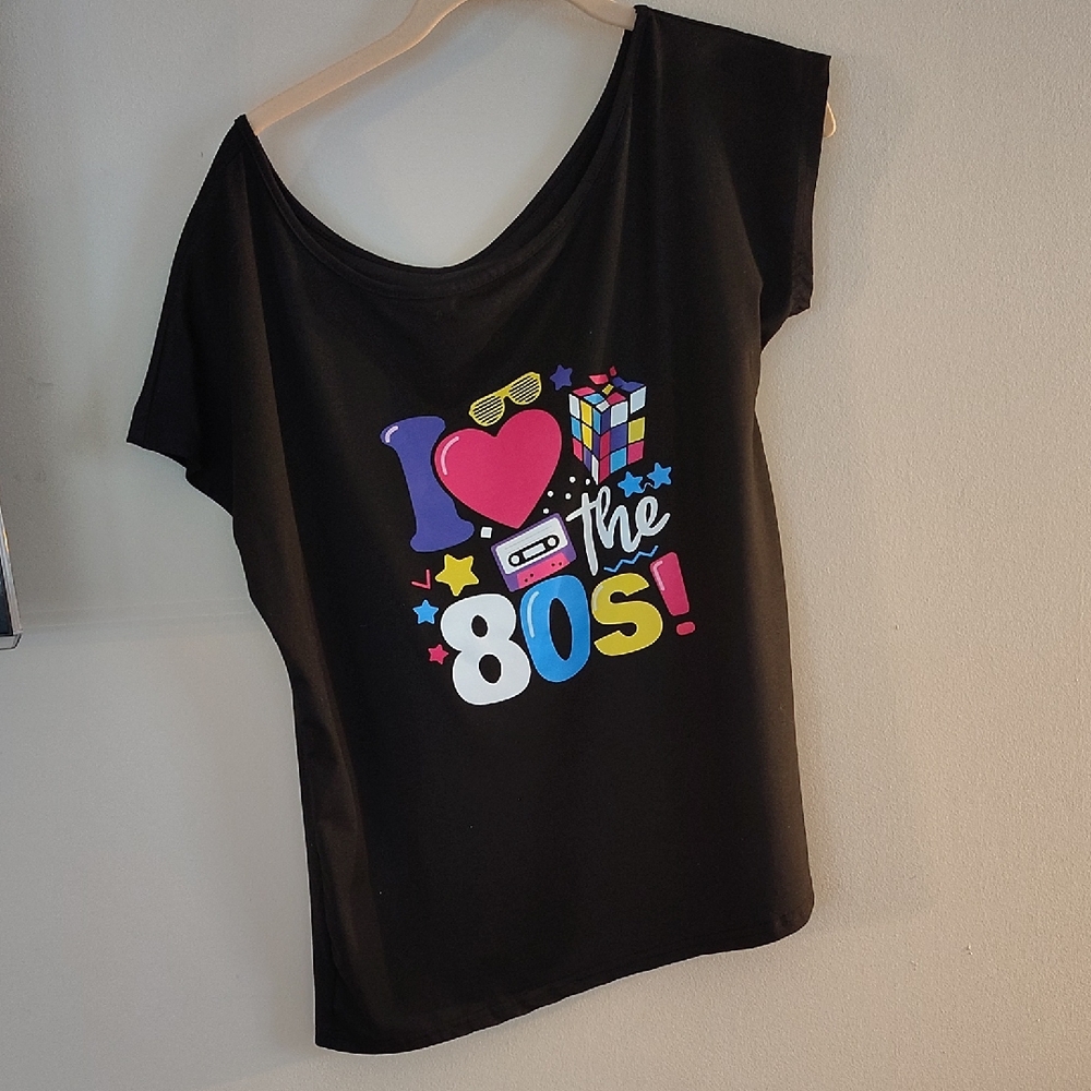 Shein Large Off the Shoulder Black & Multicolor 80s Top. Excellent Condition